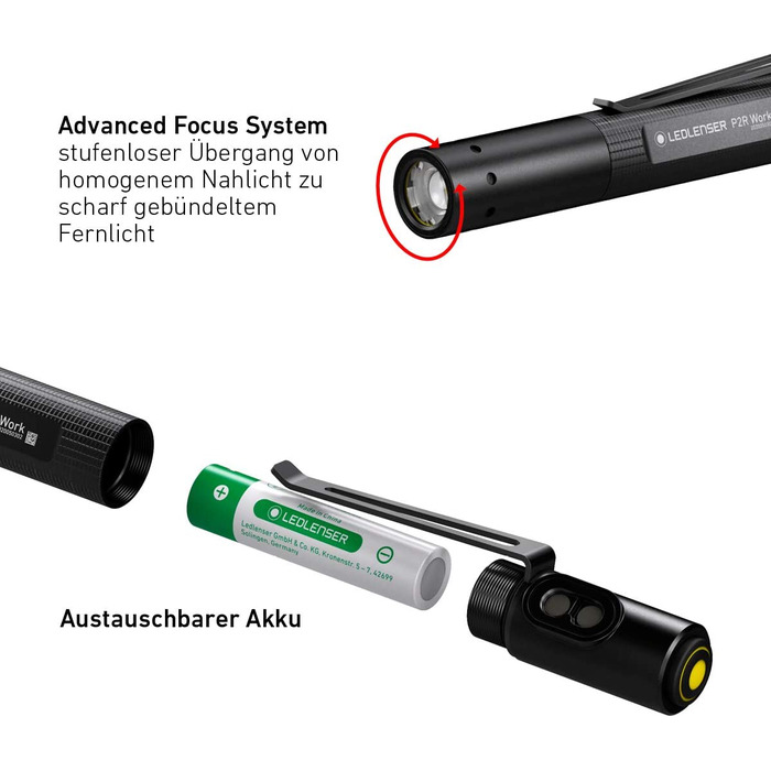 Ліхтарик Ledlenser P2R Work Mini LED для майстерні та майстрів, акумуляторний, 110 люмен, фокусування, 90 м, USB-зарядка, кліпса