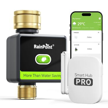Таймер для поливу RainPoint WiFi з латунними фітингами та радіусом дії 100м, автоматичний полив саду та газону за погодою та вологості ґрунту, чорний