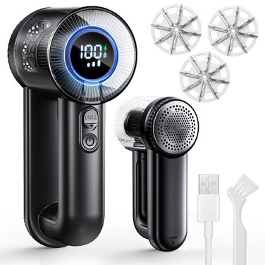 Електрична машинка для видалення ковтушків 1800mAh, USB-зарядка, 3 швидкості, LED-дисплей, набір з 3 змінних лез для одягу та меблів, чорна