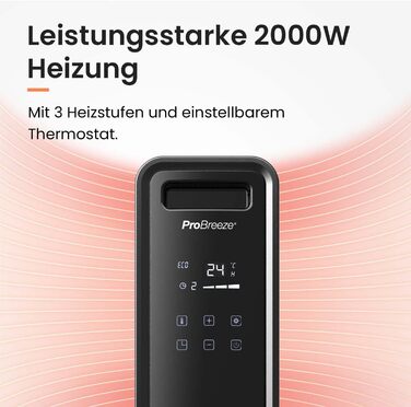 Електричний радіатор Pro Breeze 2000 Вт, безмасляний, з термостатом, таймером, дистанційним керуванням, захистом від перегріву, 3 режими обігріву, енергоощадний, чорний