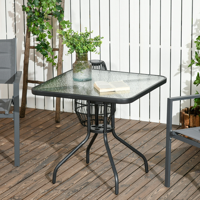 Outsunny Garden Table Знімний металевий 76x76 см Атмосферостійкий квадратний балконний стіл з отвором для парасольки, Нековзний фуршетний стіл Кемпінговий стіл Патіо Стіл для патіо Стіл для патіо Стіл для відкритого саду, патіо Балкон чорний
