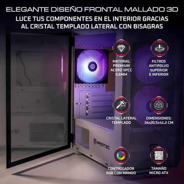 Nfortec DYS ігровий корпус для ПК Mini Tower (MATX), 3x 120 мм ARGB вентилятори, металева сітка, скляна бічна панель, білий