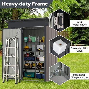 Металевий садовий будиночок COSTWAY 150x90,5x185 см, 1,5 м³, з односхилим дахом та дверима, замиканий, для інструментів, сірий