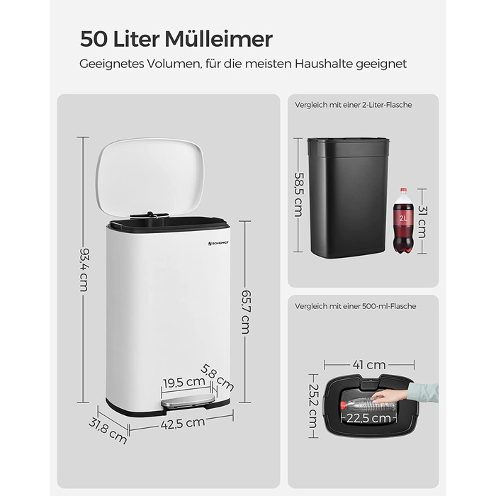 Смітник для кухні SONGMICS 50 л з педаллю, кришкою Softclose, білий, сталевий корпус, внутрішнє відро