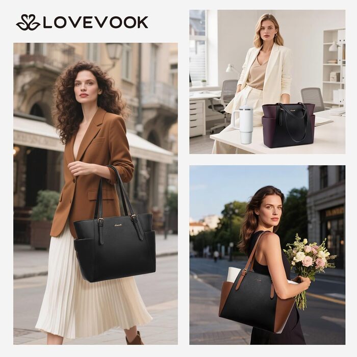 Жіноча сумка LOVEVOOK великого розміру з екошкіри для роботи та ноутбука 15.6 дюймів (Чорний, Коричневий, Бежевий)