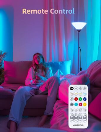LED торшер Aigostar для вітальні та спальні, з Bluetooth Mesh G45 E27 6.5W лампою, димером, RGB та 2700K-6500K, з пультом, сумісний з Alexa