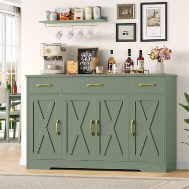 Sideboard HOCSOK 140 см: буфет з 3 ящиками, 4 дверцятами та 2 регульованими полицями, для кухні, вітальні, передпокою,  (зелений)