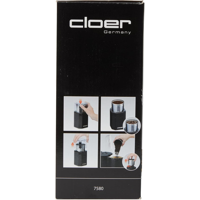 Електрична кавомолка та млинок для спецій Cloer 7580, 200 Вт, для кавових зерен, спецій, горіхів і зернових, знімний контейнер з нержавіючої сталі, чорний