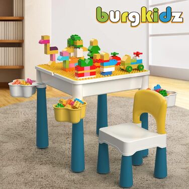 Дитячий набір Burgkidz 5-в-1: стіл для ігор, стілець, 128 деталей, сумісний з конструктором, зелена основа (Macaron)