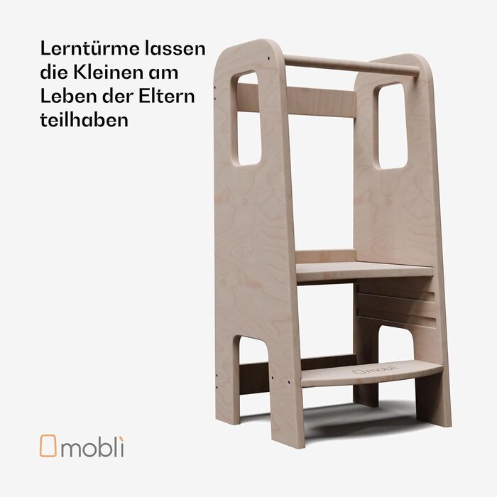 Стілець-лесенка Montessori Mobli для малюків: регульовані сходинки для незалежності та безпеки. Білий (шпон, дерев'яний малюнок)