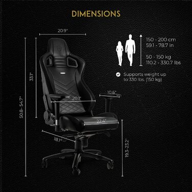 Ігрове крісло noblechairs Epic чорне, ергономічне, з підголівником і поперековою підтримкою, PU-шкіра, для користувачів до 120 кг і 185 см