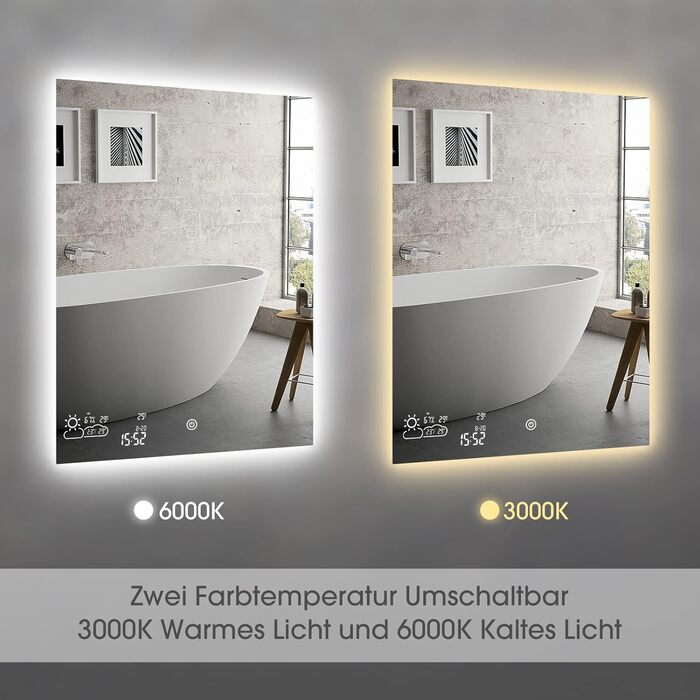 Дзеркало для ванної кімнати LED ByeCold 60x80 см з підсвічуванням, антизапарювання, WiFi, погода та дата, сенсорне управління