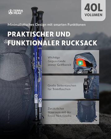 Туристичний рюкзак Terra Peak 40 л з вентильованою спинкою, тримачем для питної системи та дощовиком, для походів і одноденних виїздів, темно-синій