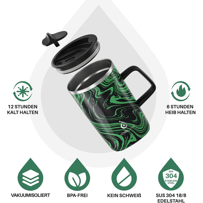 Кружка для кави та чаю Ideus® 470 мл (16 oz) з подвійними стінками, з нержавіючої сталі, з нековзним ручним тримачем та кришкою-відкидним модулем, великий об'єм (Червоний Зебра) (Зелений Зебра)