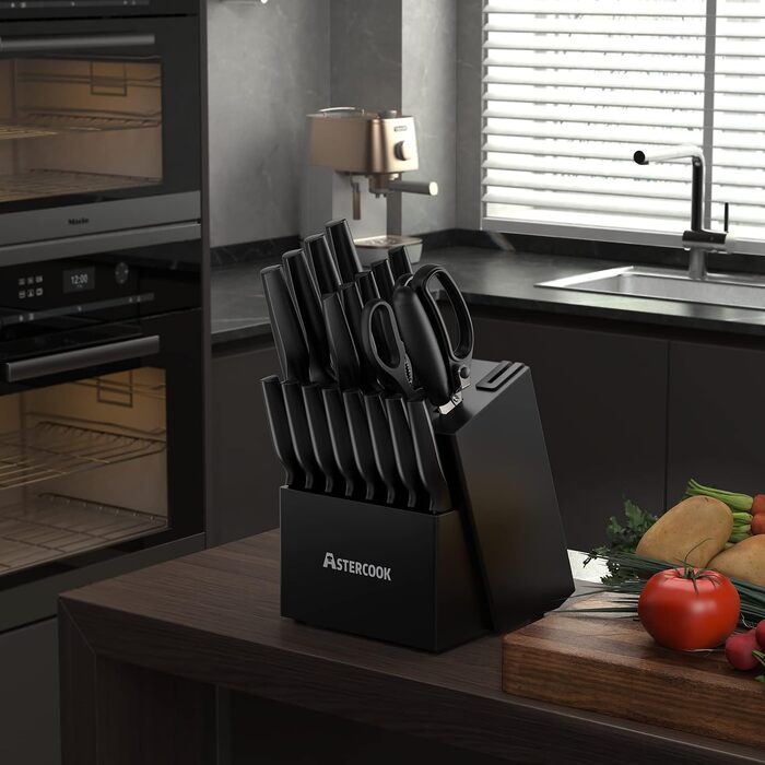 Набір кухонних ножів Astercook (21 предмет) з підставкою та вбудованим точилом, німецька нержавіюча сталь, чорний колір, придатні для посудомийки