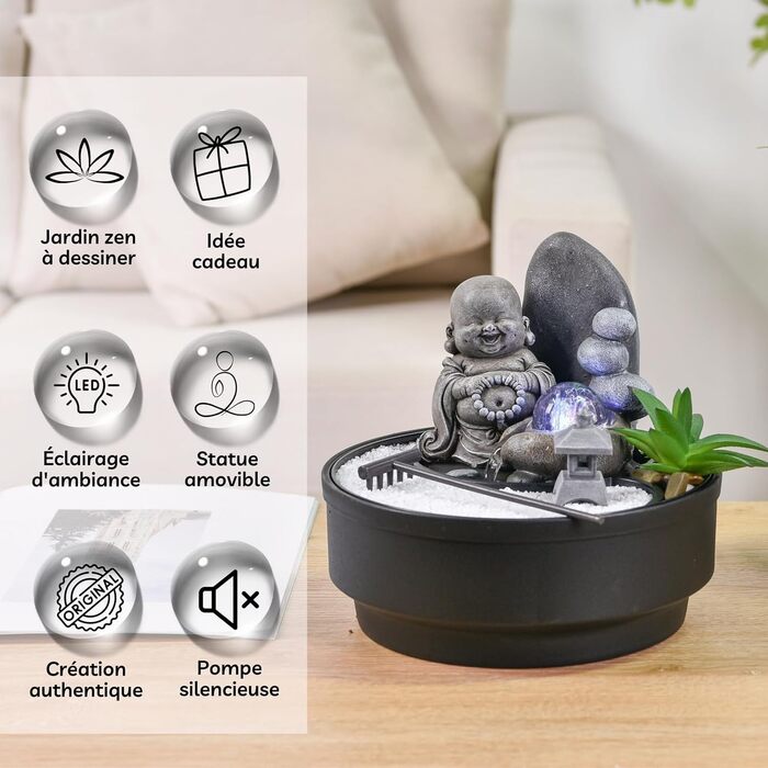 Настільний фонтан-дзен сад Sikhi Zen'Light з фігуркою Будди, кольоровою LED-підсвіткою та білим піском, 21 см — Декоративний фонтан для релаксації та інтер'єру