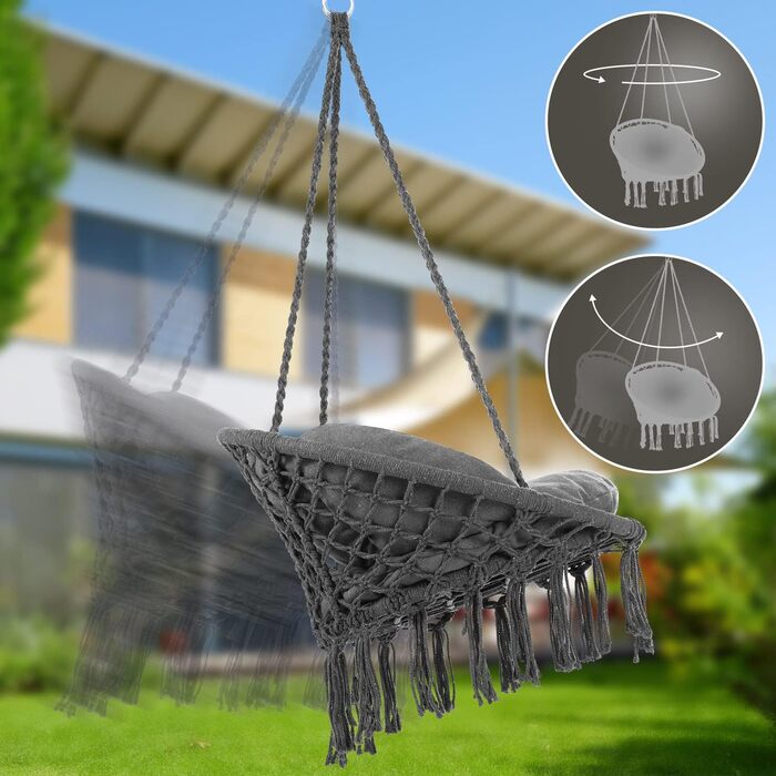 DETEX® Гамак-крісло підвісне до 150 кг, Boho стиль, стійке до погодних умов, сертифікат GS, для саду, 360° обертання, антрацит, для дому та вулиці, з зручною подушкою