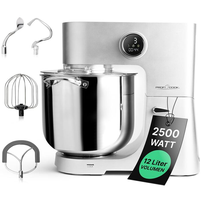 Кухонна машина ProfiCook PC KM 1254 Titan: планетарний міксер з чашею 12 л, 2500 Вт, металевим редуктором та LED-дисплеєм, для тіста до 8.5 кг