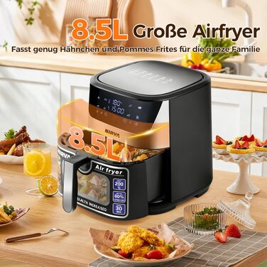 Аерофритюрниця Nirva 8,5 л, 1700 Вт, безмасляна фритюрниця з вікном, антипригарним покриттям та кошиком для посудомийки, чорна/нержавіюча сталь