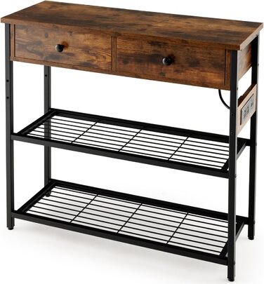 Консольний стіл DREAMADE з 2 шухлядами, розеткою та полицями, металевий каркас, для передпокою, вітальні, 81x30x81 см