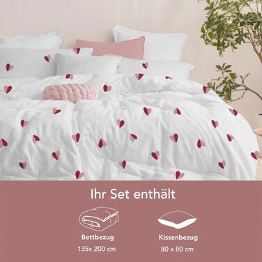Комплект постільної білизни Dreamzie 4 предмети, 135x200 см, мікрофібра, з 2 наволочками 80x80 см, принт з рожево-червоними серцями, сертифікат Oeko-Tex