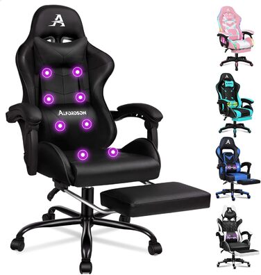 Ігровий крісло ALFORDSON Gamer з регульованою підніжкою, 8 точками масажу, нахилом 150°, PU-шкіра, чорний, Eryx Series, до 180 кг