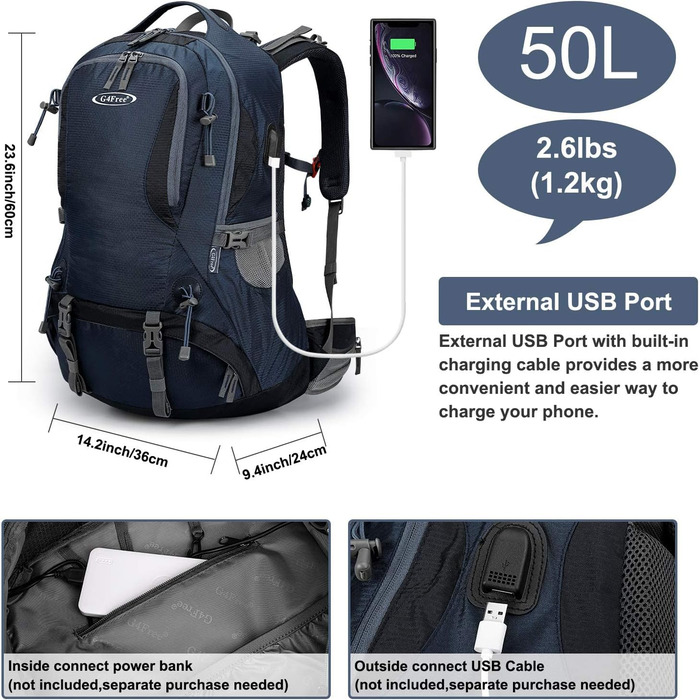 Водонепроникний рюкзак G4Free 50 л з чохлом від дощу для походів, трекінгу, альпінізму, подорожей та спорту, для чоловіків і жінок, темно-синій