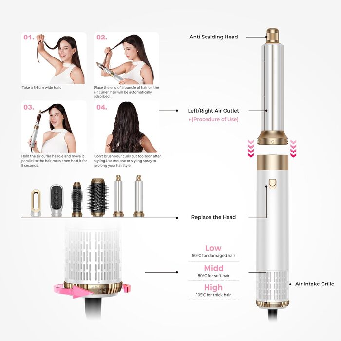 MogaWave Air Styler Pro 6 в 1: Фен-щітка, стайлер для волосся 1000W, професійний, для всіх типів волосся (біло-сірий)