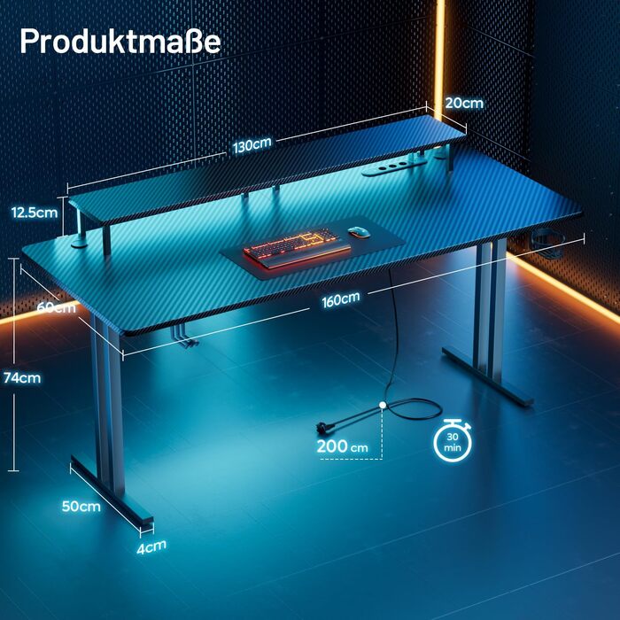 Ігровий стіл HLONONE з LED підсвіткою 140x60 см, 3 розетки USB, стійкий стіл для геймерів та офісу, чорний