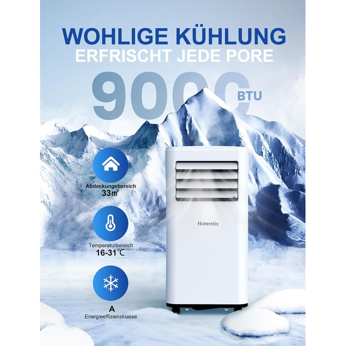 Мобільний кондиціонер 9000 BTU 4-в-1: охолодження, осушення, вентиляція, таймер на 24 год, білий