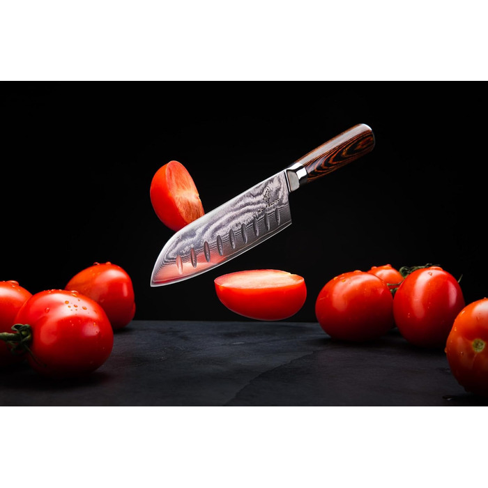 Ніж кухарський Santoku XL (30 см) Wolfblood з дамаської сталі 67 шарів, професійний, з дерев'яною ручкою, подарункова коробка та захист леза