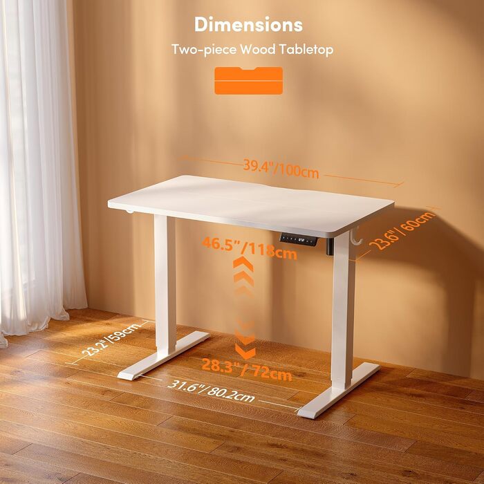 Електричний підйомний стіл FEZIBO 100x60 см, регульований робочий стіл з USB-C та USB-A портами, 3-ма рівнями пам'яті, висота 72–118 см, білий