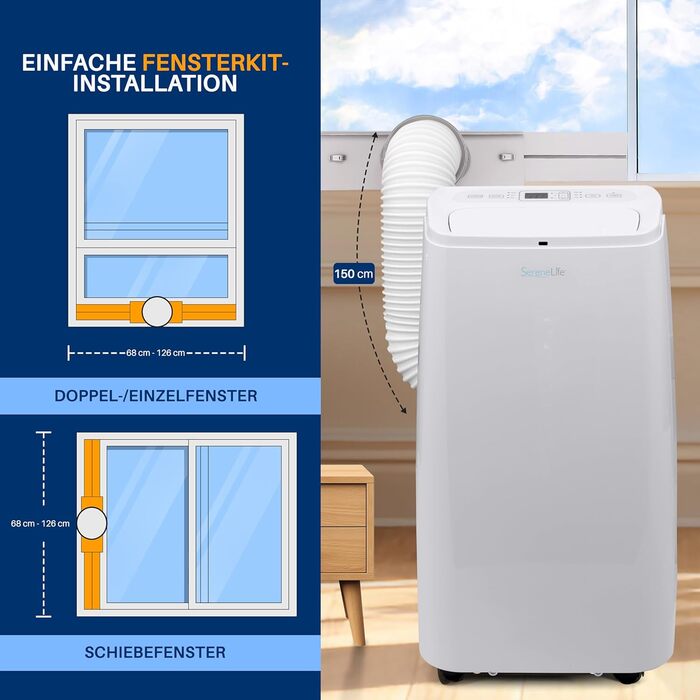 Мобільний кондиціонер SereneLife 3-в-1 з трубкою, 12 000 BTU, осушувач і вентилятор, для приміщень до 25 м², з пультом, видаляє 1,8 л вологи/год, білий