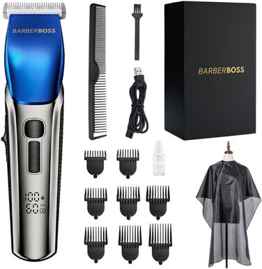 BarberBoss Машинка для стрижки бороди та волосся для чоловіків, 4 швидкості, керамічне лезо, 8 насадок, LED-дисплей, USB-зарядка, водонепроникна, QR-2083