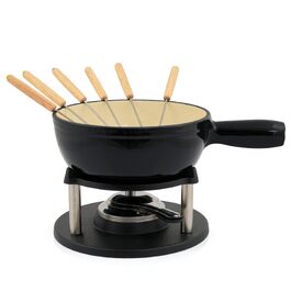 Набір для фондю BBQ-Toro з чавуну на 6 осіб, 2 л, 9 предметів (з пальником та вилками) для сиру, м'яса та шоколаду, емальований, чорний/кремовий