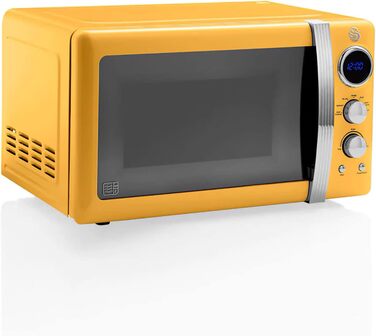 Мікрохвильова піч Swan Retro 20 л, 800 Вт, жовта, цифрова, 5 режимів, розморожування, таймер 60 хв, дзеркальні дверцята, вінтажний дизайн