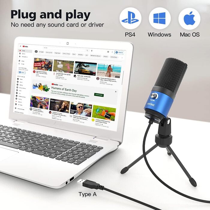 FIFINE USB мікрофон для ПК, Mac, PS4, PS5, студійний конденсаторний мікрофон для стрімінгу з підставкою, синій