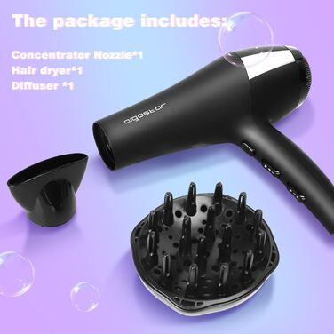 Фен для волосся Aigostar Monique 2400Вт з іонізацією, дифузором і насадками, професійний, чорний