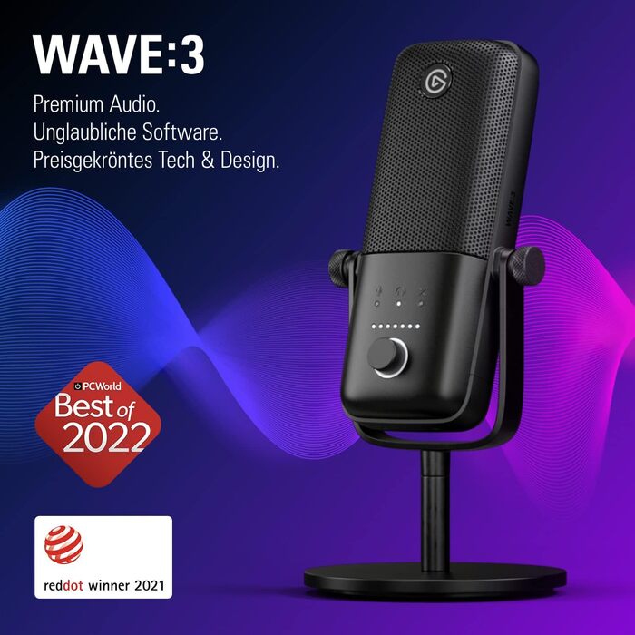 Elgato Wave:3 – професійний USB конденсаторний мікрофон для стрімінгу, подкастів, ігор та домашнього офісу, з безкоштовним мікшуванням і плагінами звукових ефектів, захист від спотворень, Plug & Play, для Mac і ПК