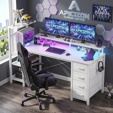 Ігровий стіл APICIZON 150 см з полицею, підставкою для монітора та RGB-підсвіткою, білий карбон. Стіл для ПК з USB-портами, тримачем для навушників та підставкою для чашки