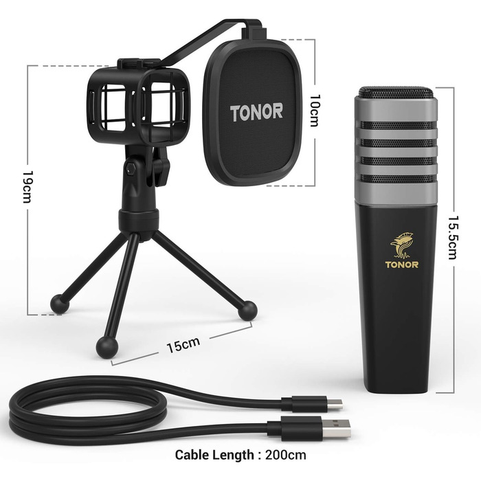 USB конденсаторний мікрофон TONOR TC30 з підставкою, поп-фільтром та павуком, кардіоїдна діаграма, для стрімінгу, подкастів, озвучування, сумісний з ПК, ноутбуком