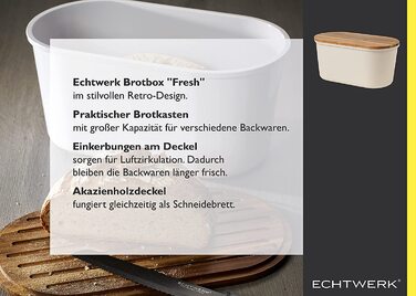 Хлібниця ECHTWERK FRESH з акацієвим кришкою-дошкою, 37×22×17 см, для 1 кг хліба, кремова