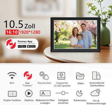 FRAMEO Цифрова фоторамка FRAMEO 11 дюймів, 64 ГБ, WiFi Smart, сенсорний екран FHD 1920 x 1280, IPS, автоматичне обертання, підтримка SD-карт на USB-накопичувачі, 2,4/5 ГГц, керування застосунком через Frameo