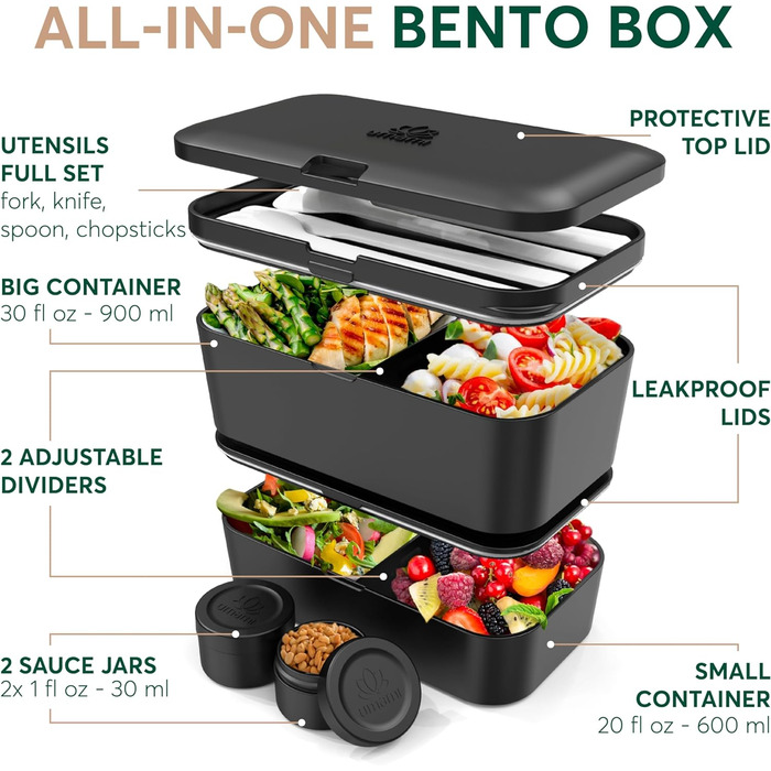 Ланчбокс Umami Bento 1500 мл, герметичний, для дорослих, чорний онікс, контейнер для їжі XL, багатосекційний, для чоловіків