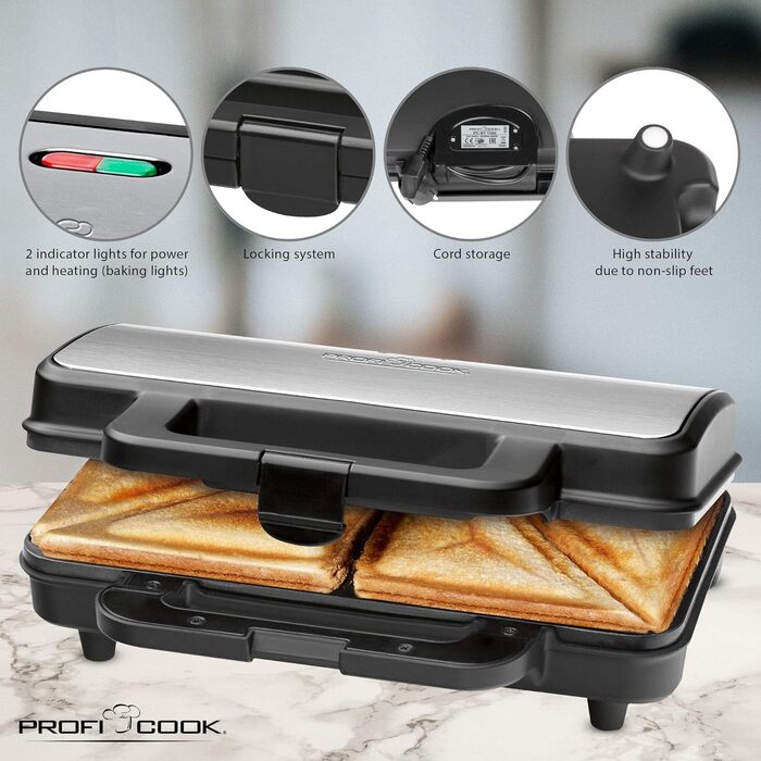 Електричний сендвічмейкер ProfiCook PC-ST 1092 для американських сендвічів XXL, антипригарне покриття, 900 Вт