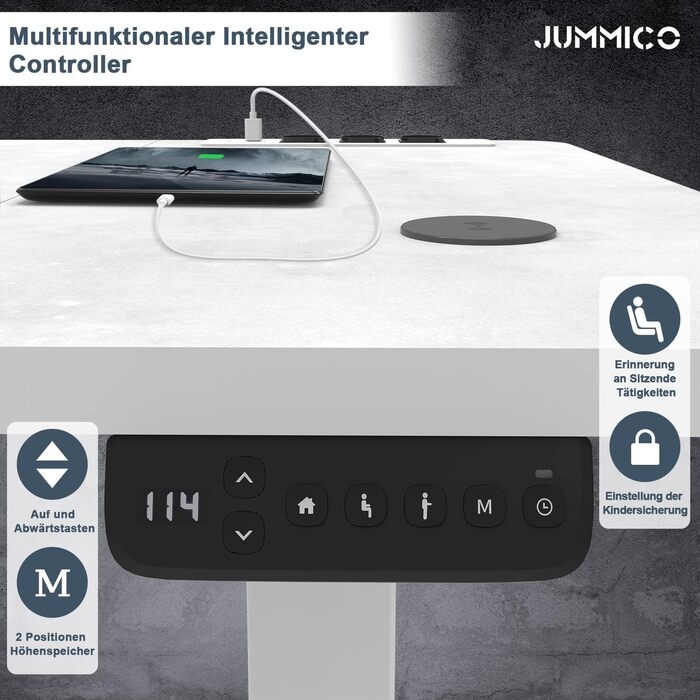 Електричний підйомний стіл JUMMICO 160x80 см, регульований по висоті письмовий стіл з бездротовою зарядкою, USB-портом та розеткою, сірий