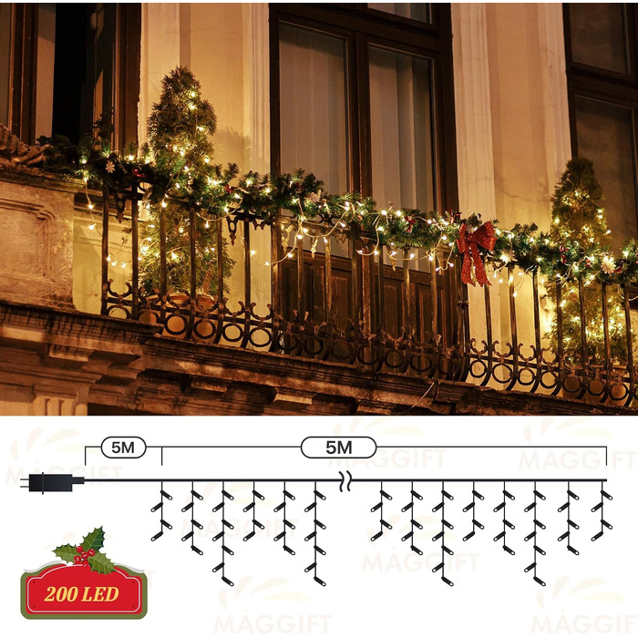 Світлодіодна гірлянда-завіса MAGGIFT Eisregen (5м, 200 LED) для вулиці та дому, водонепроникна IP44, з пультом, таймером та 8 режимами освітлення