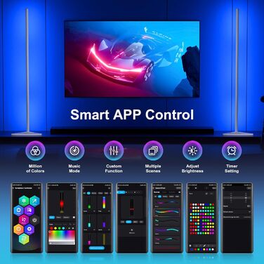 MIWATT LED торшер для вітальні 143 см, RGB, димер, керування пультом і додатком, 16 млн кольорів, музичний і DIY-режими, таймер, для спальні, ігрової кімнати, офісу, білого кольору