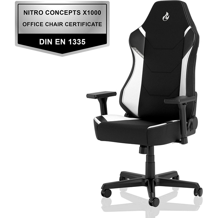 Ігрове крісло Nitro Concepts X1000, ергономічне, тканинне, офісне, на колесах, до 135 кг, чорне/біле, розмір XL