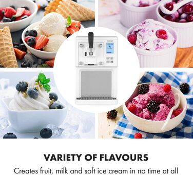 Машина для приготування морозива Klarstein Sweet Sundae, 1.5 л, компресор, 200 Вт, система видачі, авто-охолодження 3 год, авто-очищення, нержавіюча сталь, білий